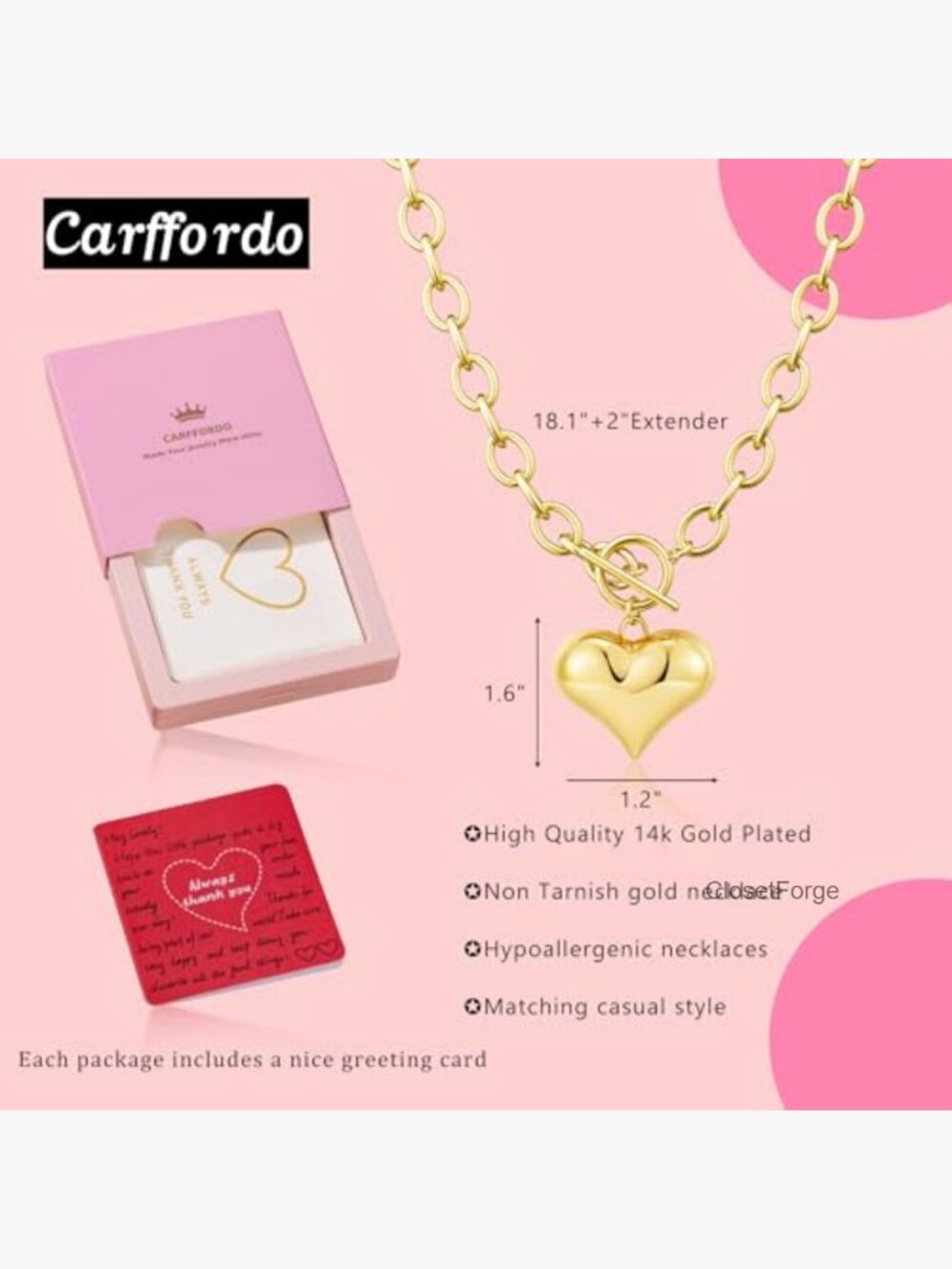 14K Gold Plated Chunky Heart Pendant Necklace with Toggle Clasp Hypoallergenic - Picture 4 of 7